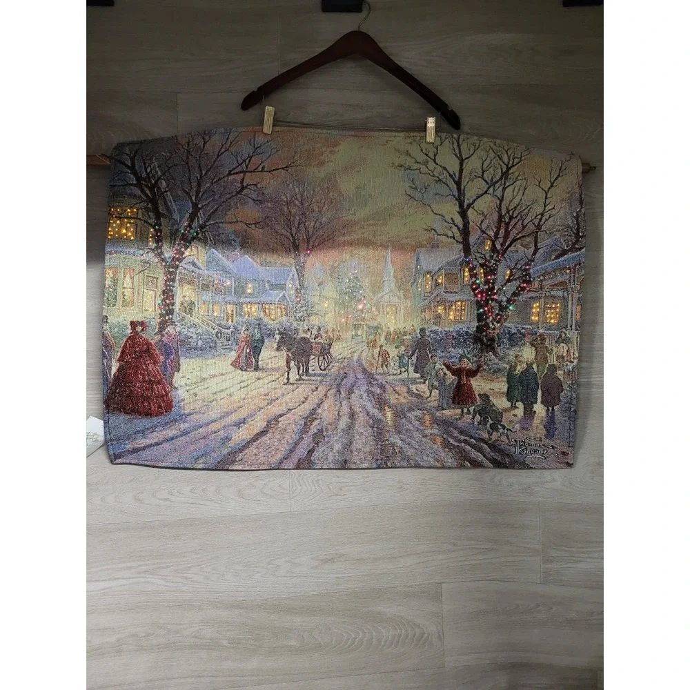 NWT Thomas Kinkade Fiber Optic Wall Tapestry Victorian Xmas Carol Hometown